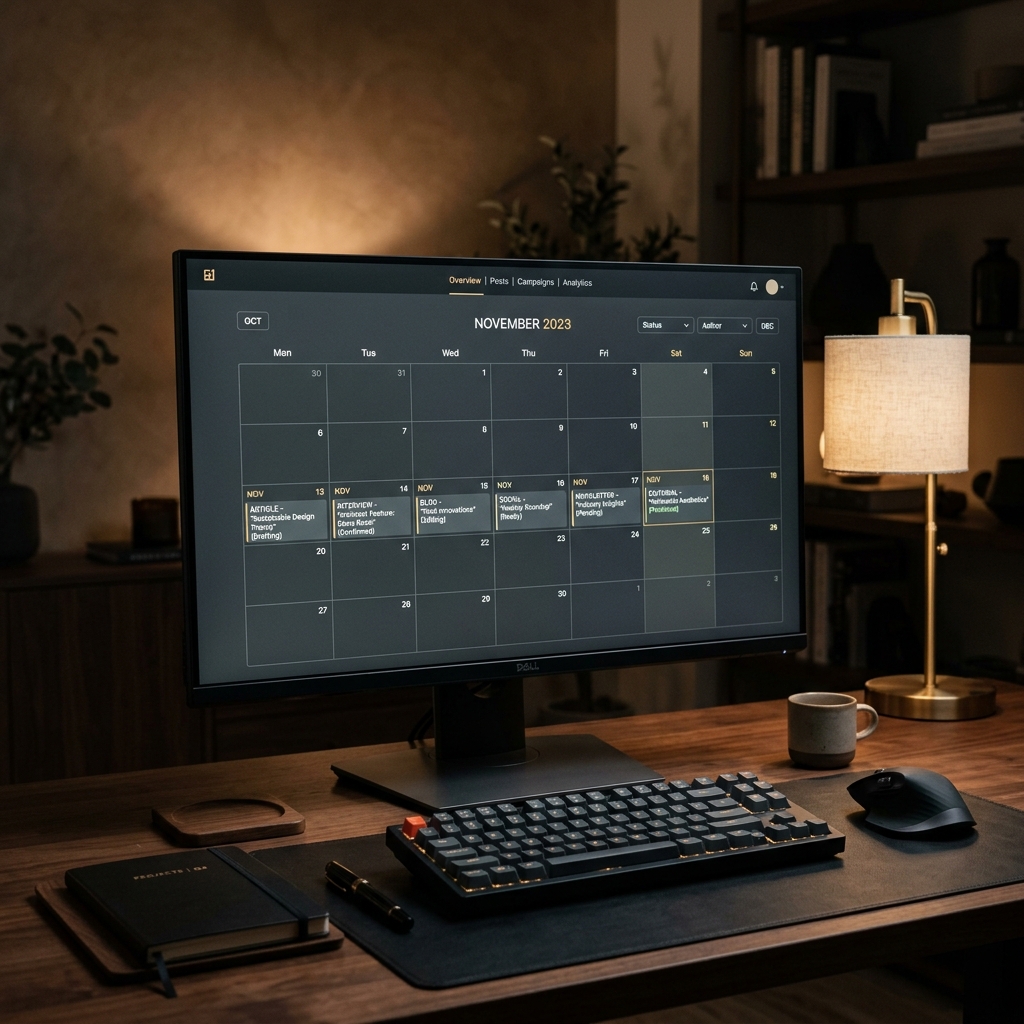 Digital workspace showing an editorial content calendar grid